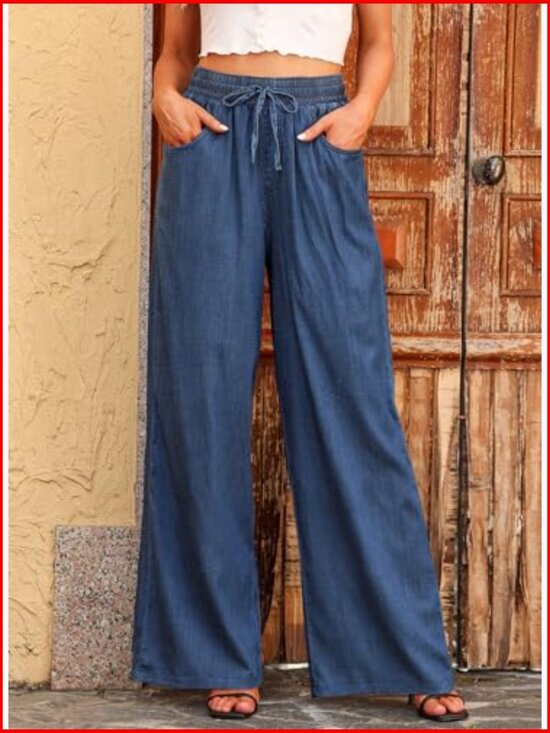 High Waisted Wide Leg Drawstring Jeans Loose Fit Denim Pants - Picture 2 of 7